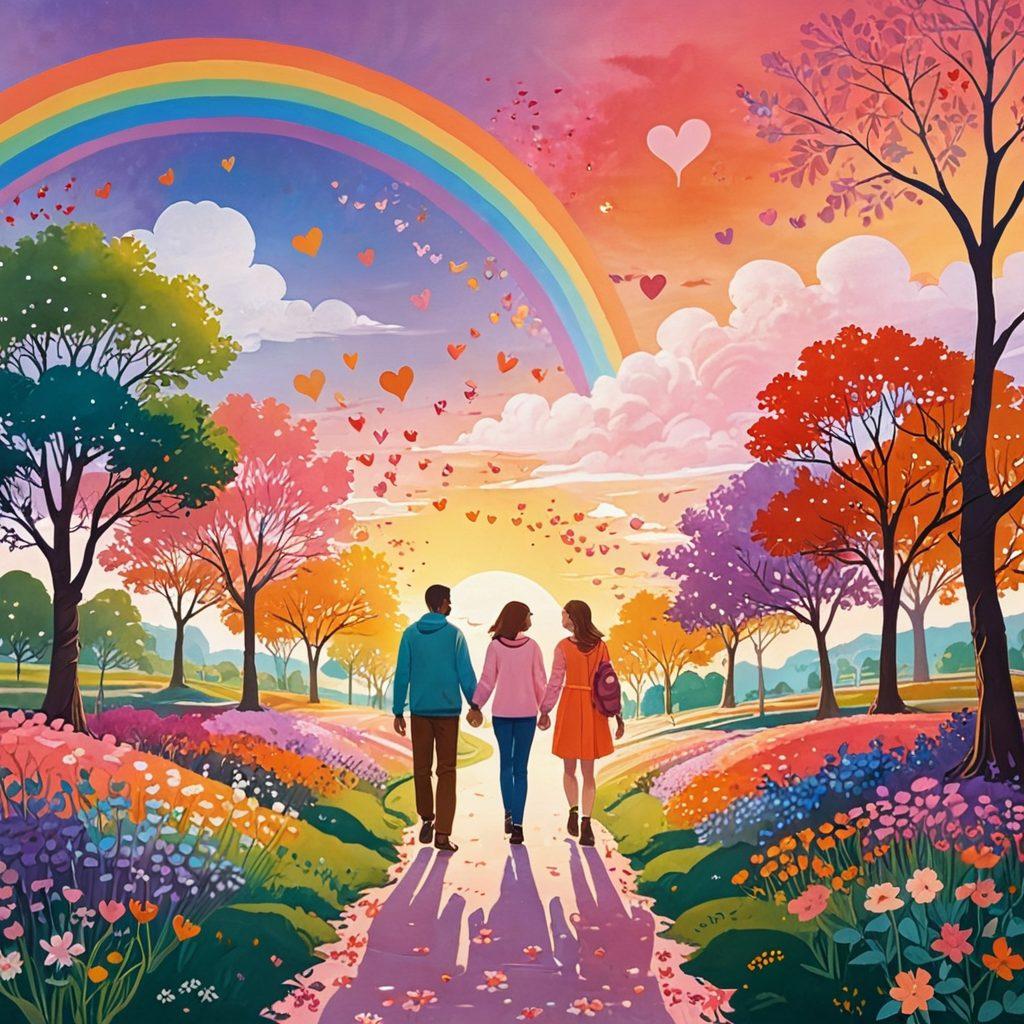 A vibrant, colorful illustration depicting two diverse individuals, hand in hand, walking through a whimsical landscape that transforms from a park highlighting friendship to a romantic sunset setting. Include symbols of love and friendship such as hearts, rainbows, and flowers blossoming along the path. Emphasize warmth and connection between the characters with soft, inviting colors. magical realism. vibrant colors. 3D.