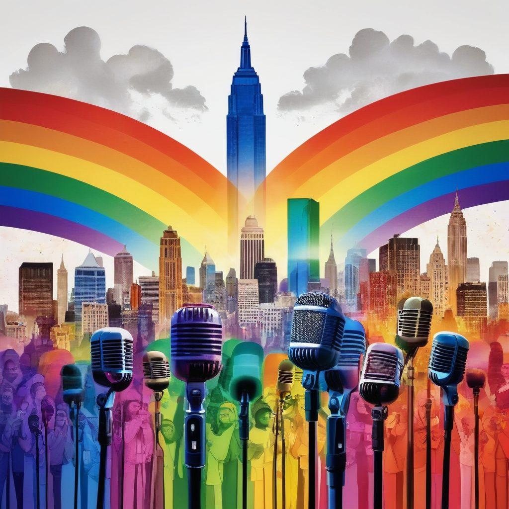 A vibrant collage of diverse LGBTQ+ individuals passionately speaking into microphones, surrounded by colorful rainbow flags and symbols of inclusivity. In the background, a city skyline represents progress and acceptance, with warm, welcoming colors illuminating the scene. The atmosphere is filled with energy and optimism, showcasing unity and advocacy for a better future. super-realistic. vibrant colors. white background.