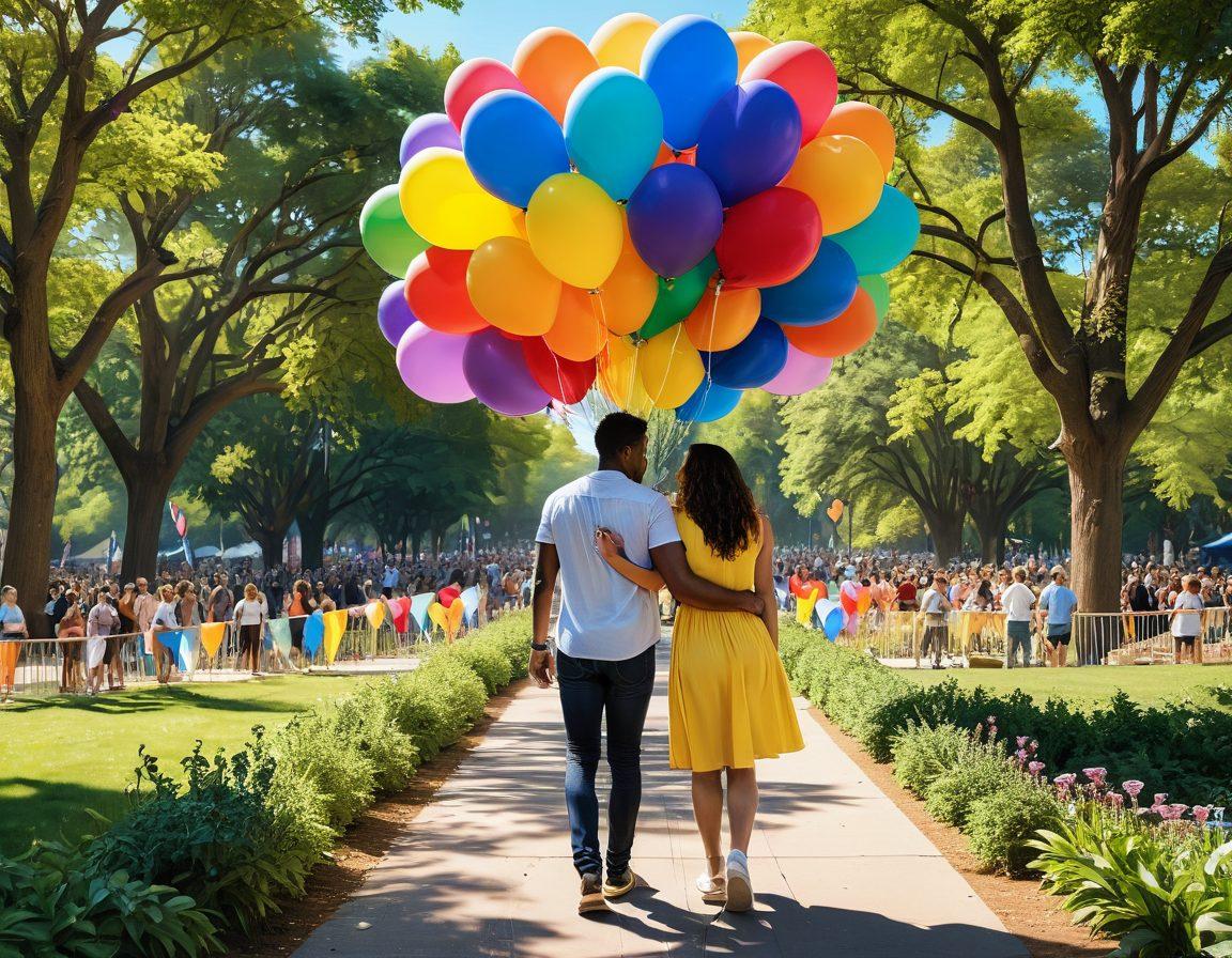 A vibrant, heartwarming scene of diverse couples embracing, adorned with rainbow flags and colorful balloons, set in a lively city park filled with flowers and supportive spectators. The atmosphere should radiate joy, love, and inclusivity, with warm sunlight filtering through the trees. Include symbols of LGBTQ+ pride, such as the rainbow flag and heart icons, emphasizing the celebration of love. super-realistic. vibrant colors. 3D.
